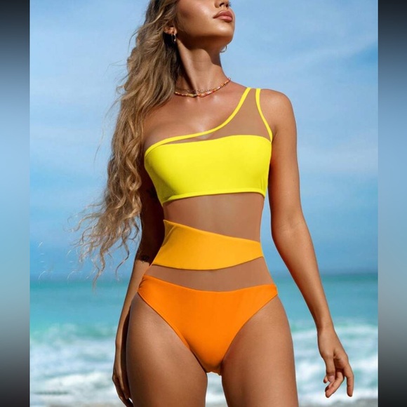 Luxe mesh insert color block one shoulder swimsuit - Picture 4 of 15